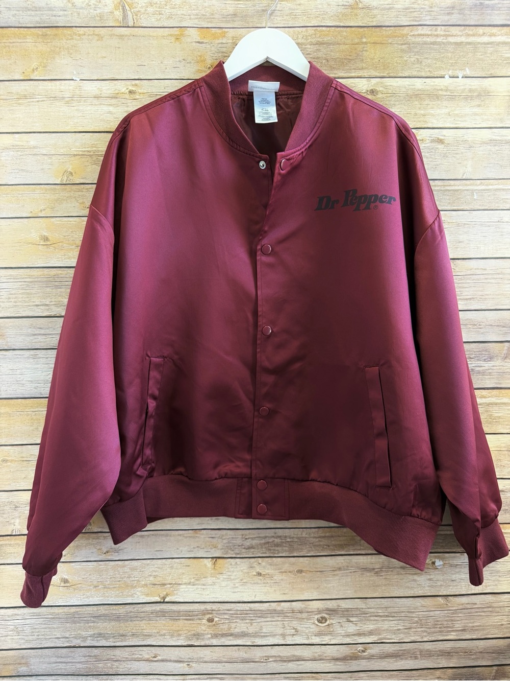 Dr Pepper Burgundy Satin Bomber Jacket Snap Front Size XL NWOT